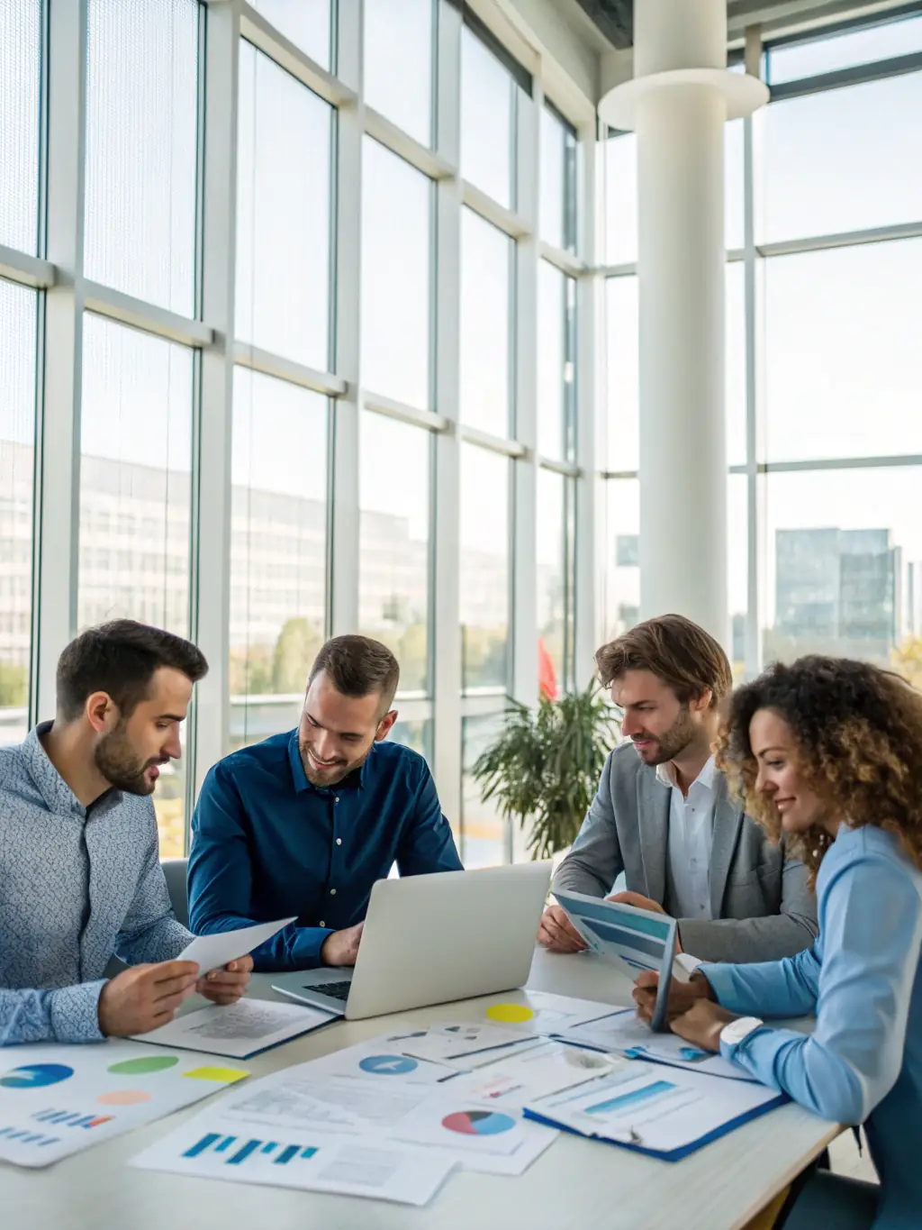 A team of executives collaborating in a modern office, brainstorming innovative solutions and strategies for their company.