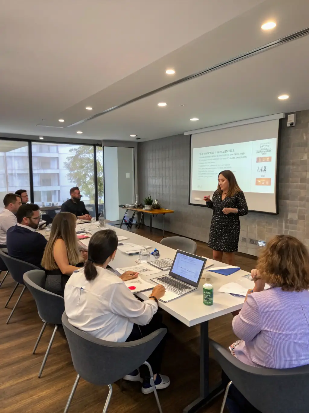 A professional coach facilitating a leadership workshop, guiding executives through strategic planning exercises.