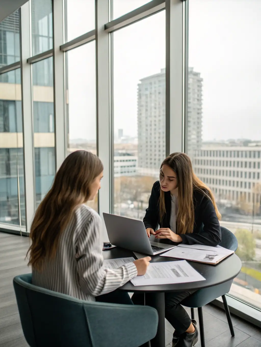 A business coach working one-on-one with an executive, discussing business growth strategies and problem-solving.