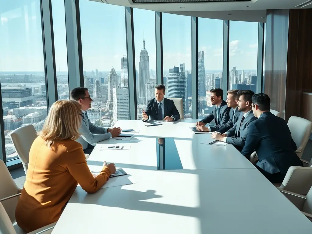 A photograph of a senior executive confidently leading a team meeting in a modern office setting, symbolizing executive leadership development.