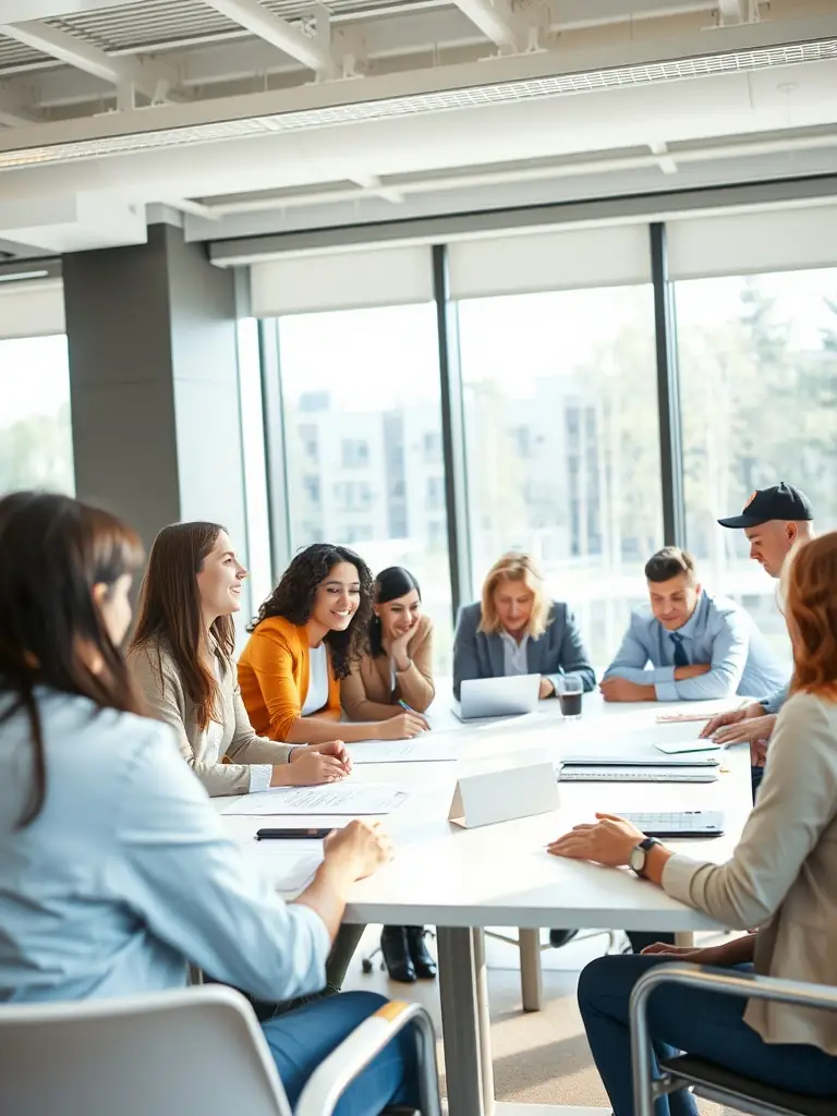 A diverse group of business professionals participating in a DirectorStack coaching workshop, collaborating on problem-solving and strategic planning exercises.