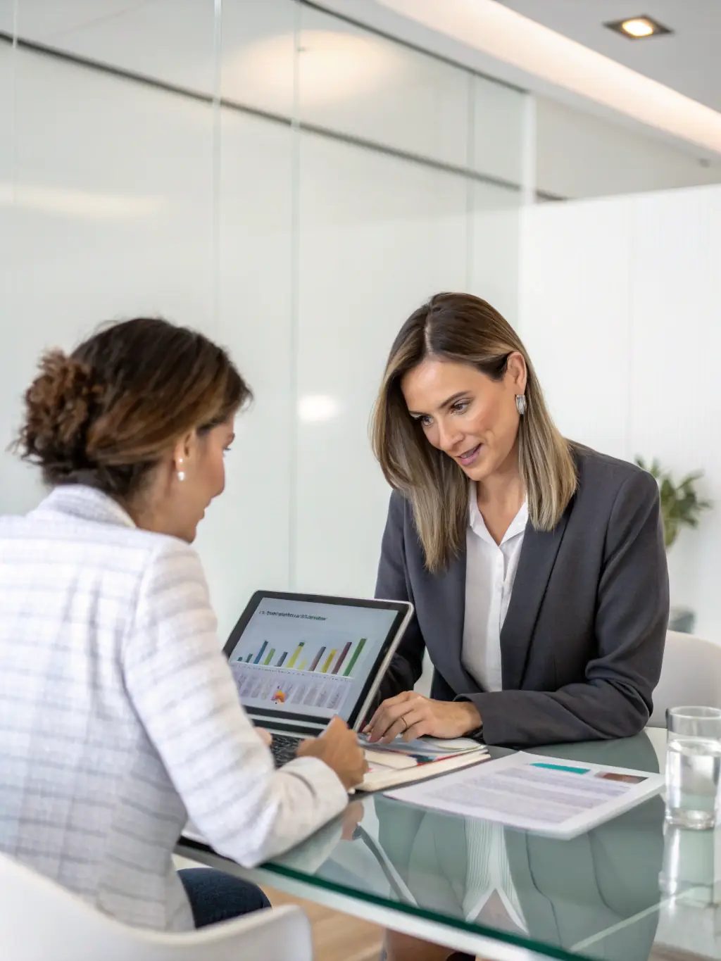 A business coach reviewing key performance indicators (KPIs) and progress metrics with a client, highlighting data-driven insights and strategic adjustments.