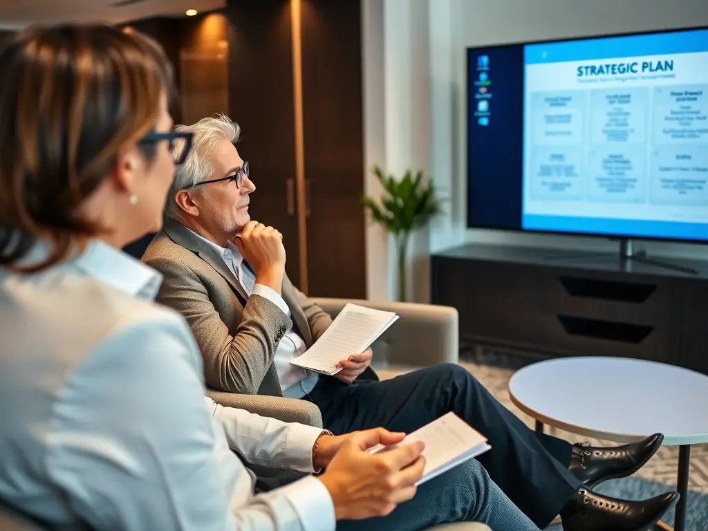 A professional executive in a modern office setting, deeply engaged in a one-on-one coaching session, discussing strategic leadership techniques with a DirectorStack coach.