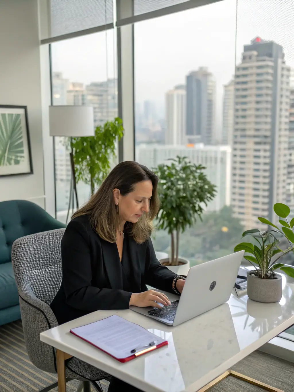 A business coach in a modern office setting, actively listening and providing guidance to a client during a one-on-one coaching session, emphasizing personalized support.