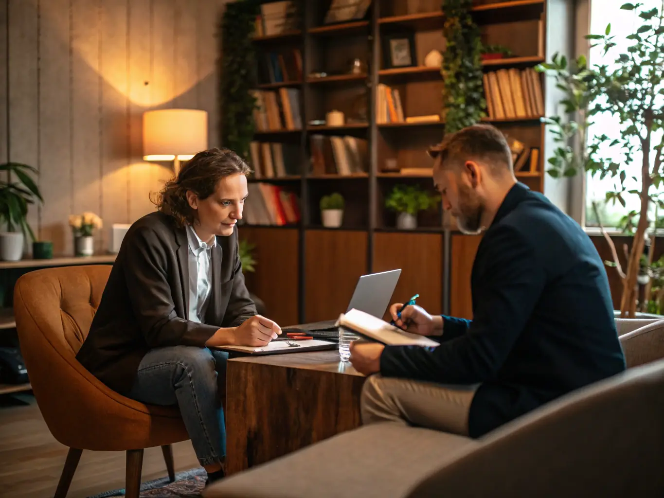 A DirectorStack coach guiding a business owner through a strategic planning session, using visual aids and collaborative tools to map out future growth strategies.